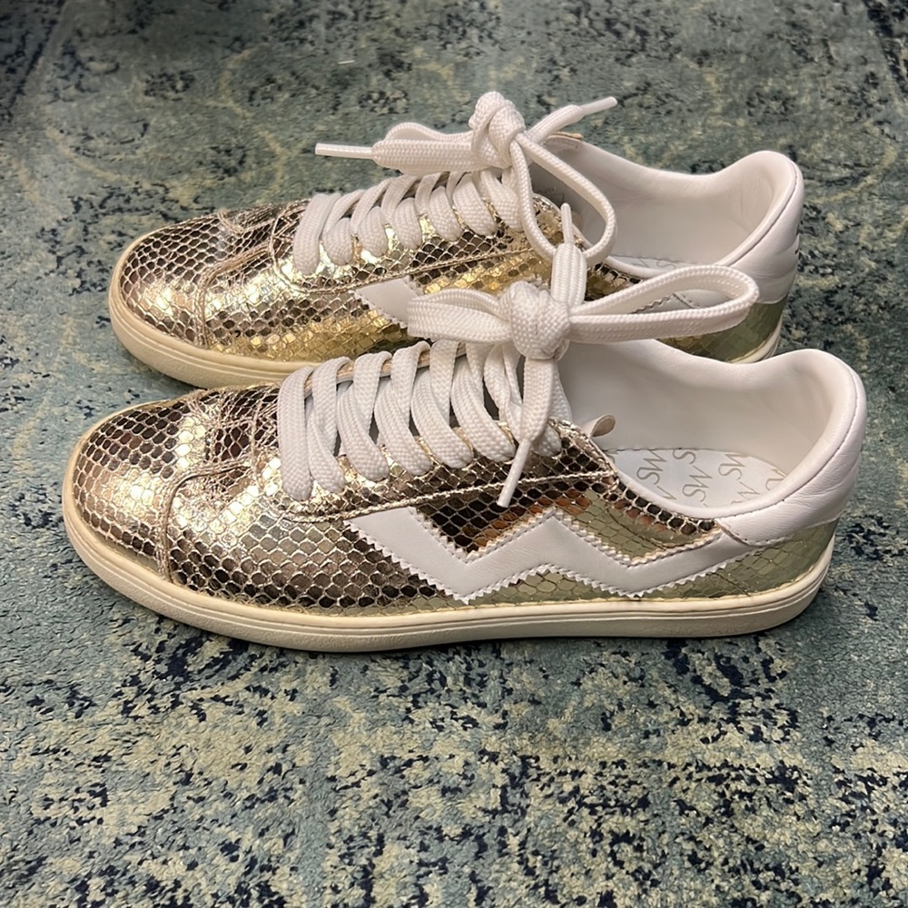 Stuart Weitzman, gold and white sneakers, size 5